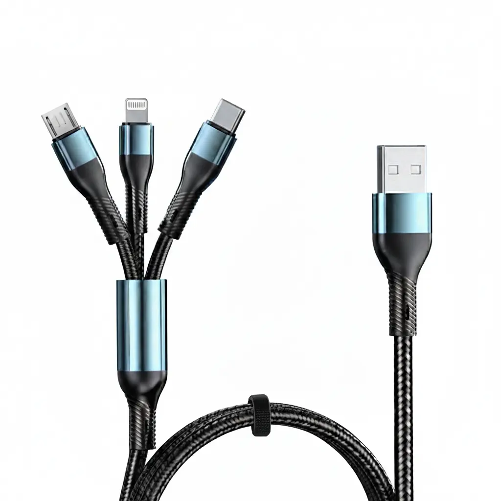 3-in-1 braided charging cable with USB-A connector and Micro USB, Lightning, and USB-C connectors