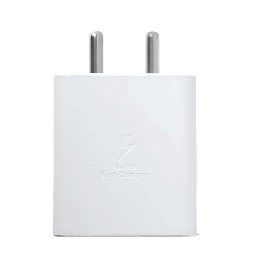 White fast charging power adapter with two-pin plug
