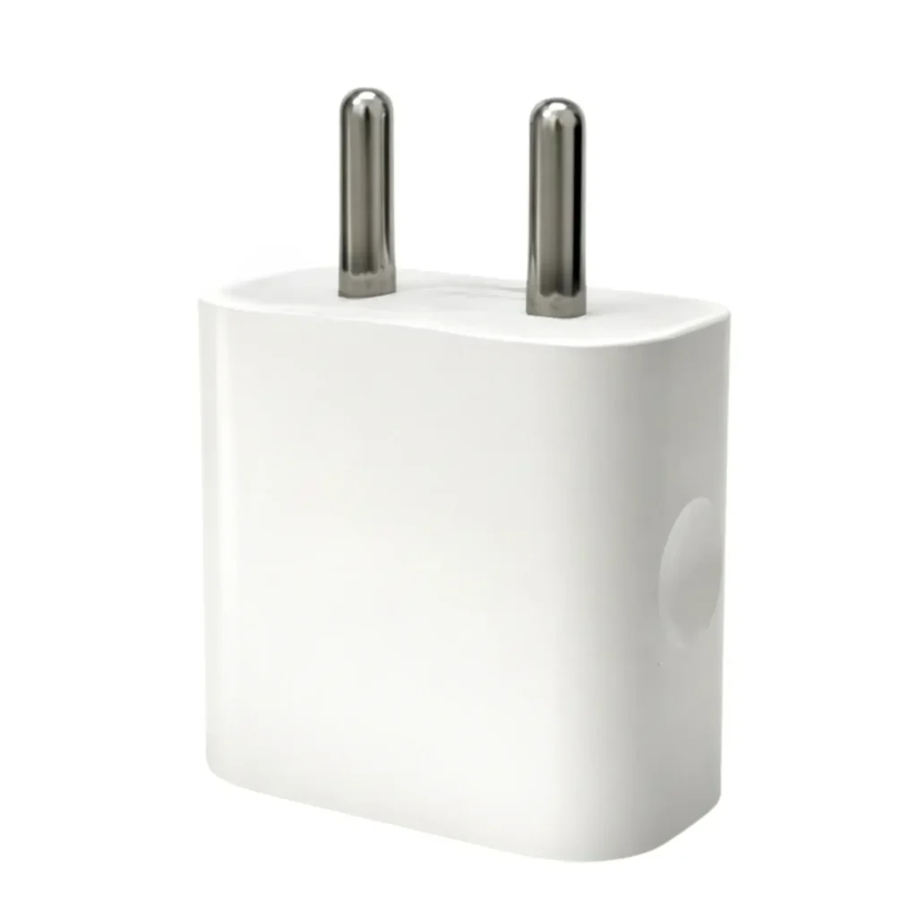 White dual-pin electrical plug adapter with two metal pins