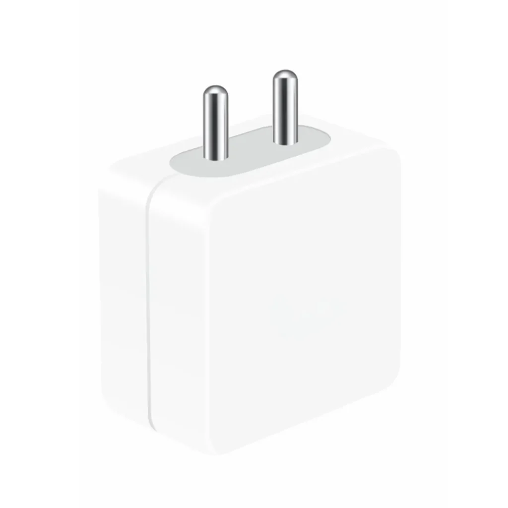White wall charger adapter with two metal pins on a white background