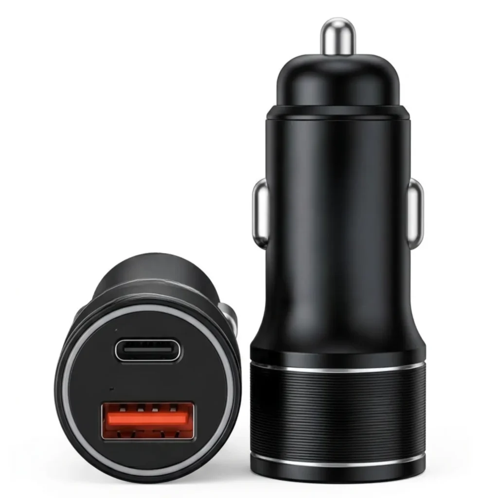 Black dual-port car charger with USB-C and USB-A charging ports