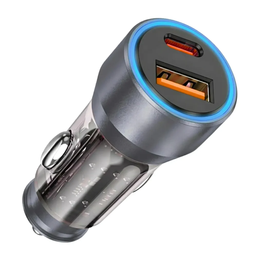 Car charger adapter with dual USB charging ports and blue LED light