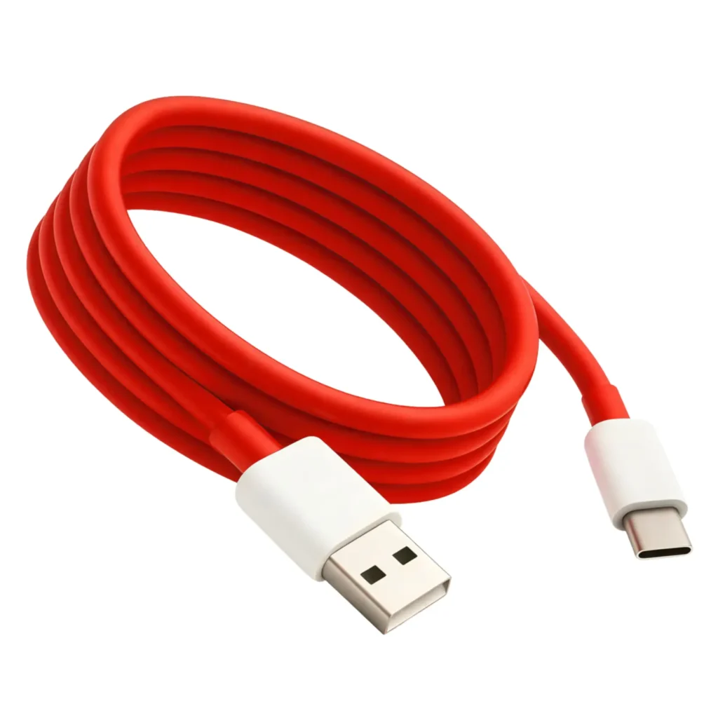 Red USB-A to USB-C fast charging cable coiled on a white background